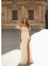 Cold Shoulder Ivory Lace Chiffon Slit Wedding Dress